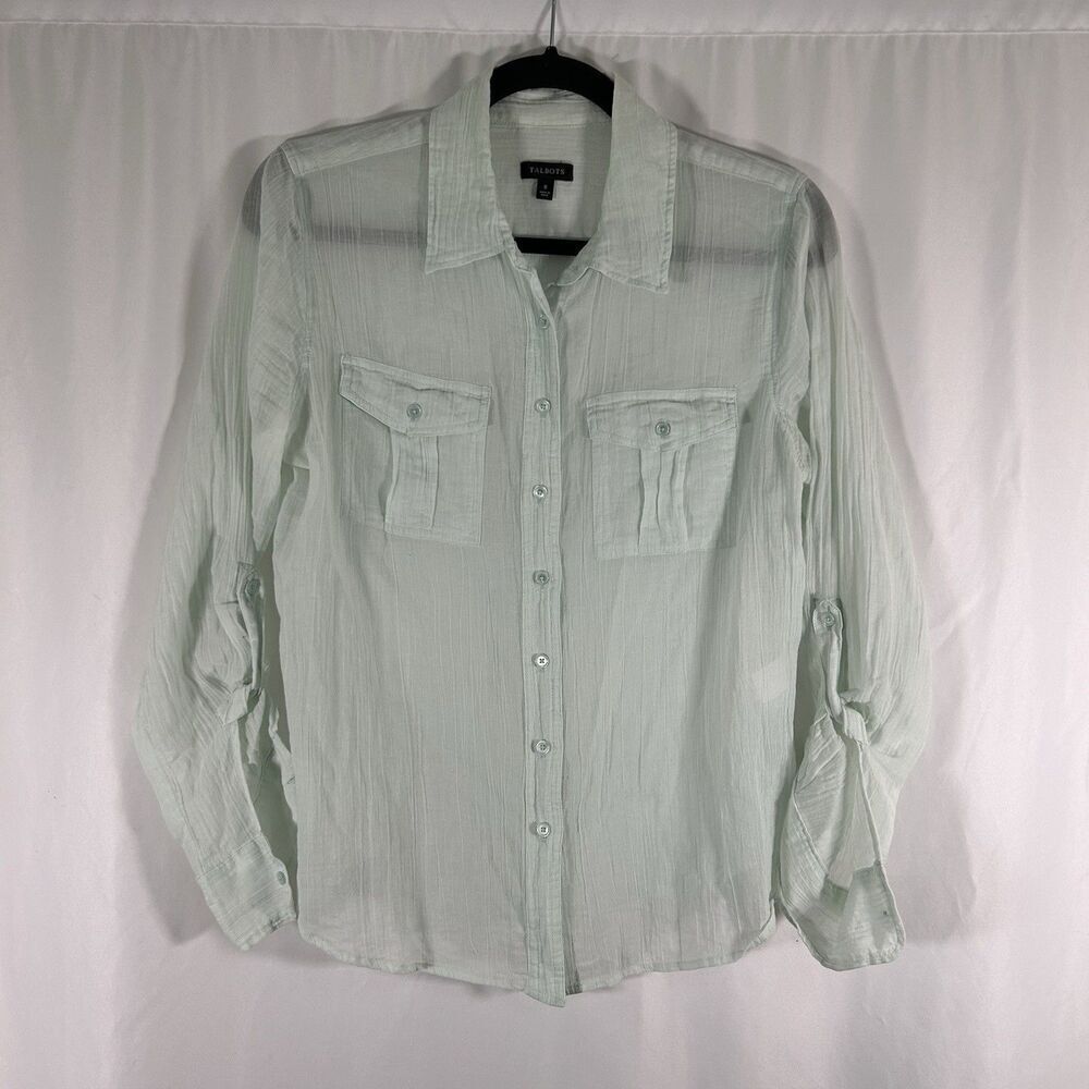 Talbots Blouse Women's 8 Green Semi Sheer Button Up Long Sleeve Lightweight